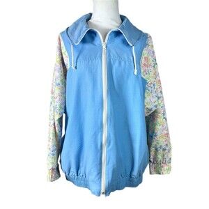 Bay Club Light Blue Hooded Jacket W/floral Sleeves Size Large